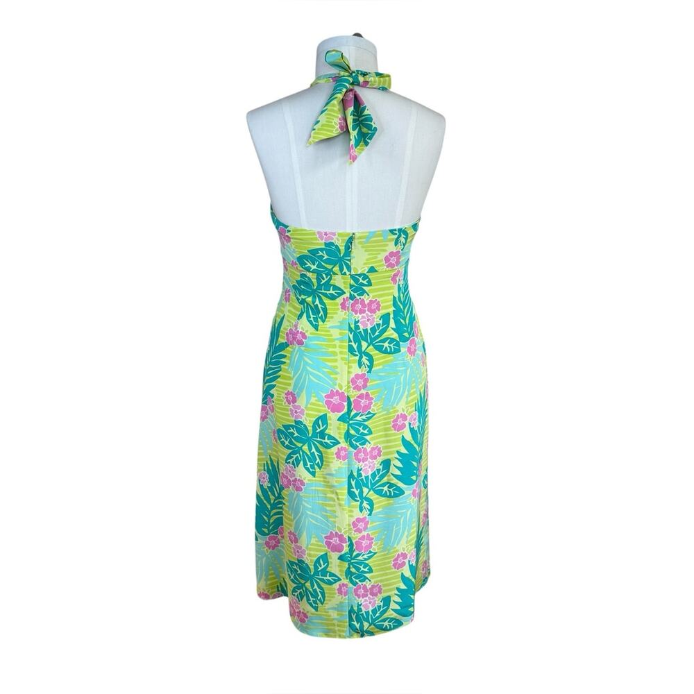 LILLY PULITZER VINTAGE Silk Lime Green Tropical Floral Halter Midi Dress Sz 8 - Picture 2 of 16